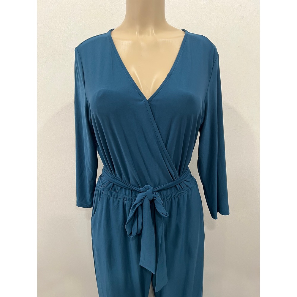 NY Collection Petite Jumpsuit Womens PL Teal Blue Wrap V-Neck Casual Elegant NWT - Picture 7 of 16